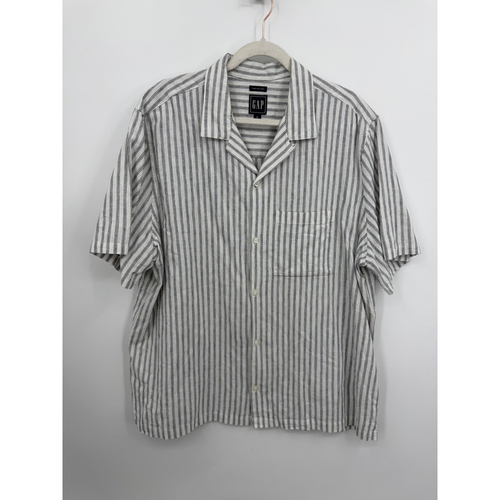 Gap Linen Cotton Short Sleeve Shirt Mens XL White Blue Striped Camp Collar